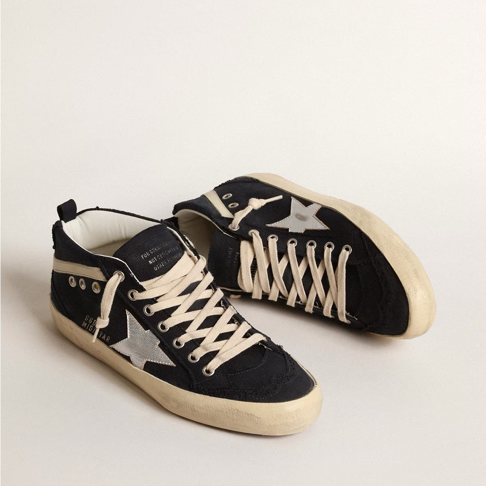 Golden Goose Mid Star in blue cotton with silver star and leather flash
